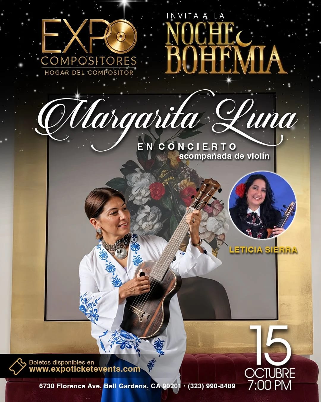 Cartel oficial de Noche Bohemia: Margarita Luna en concierto, 15 de octubre de 2026, El Hogar del Compositor